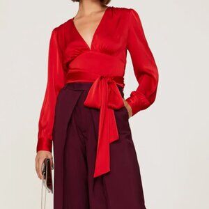 Marissa Webb Red Satin Tie Waist Wrap Top